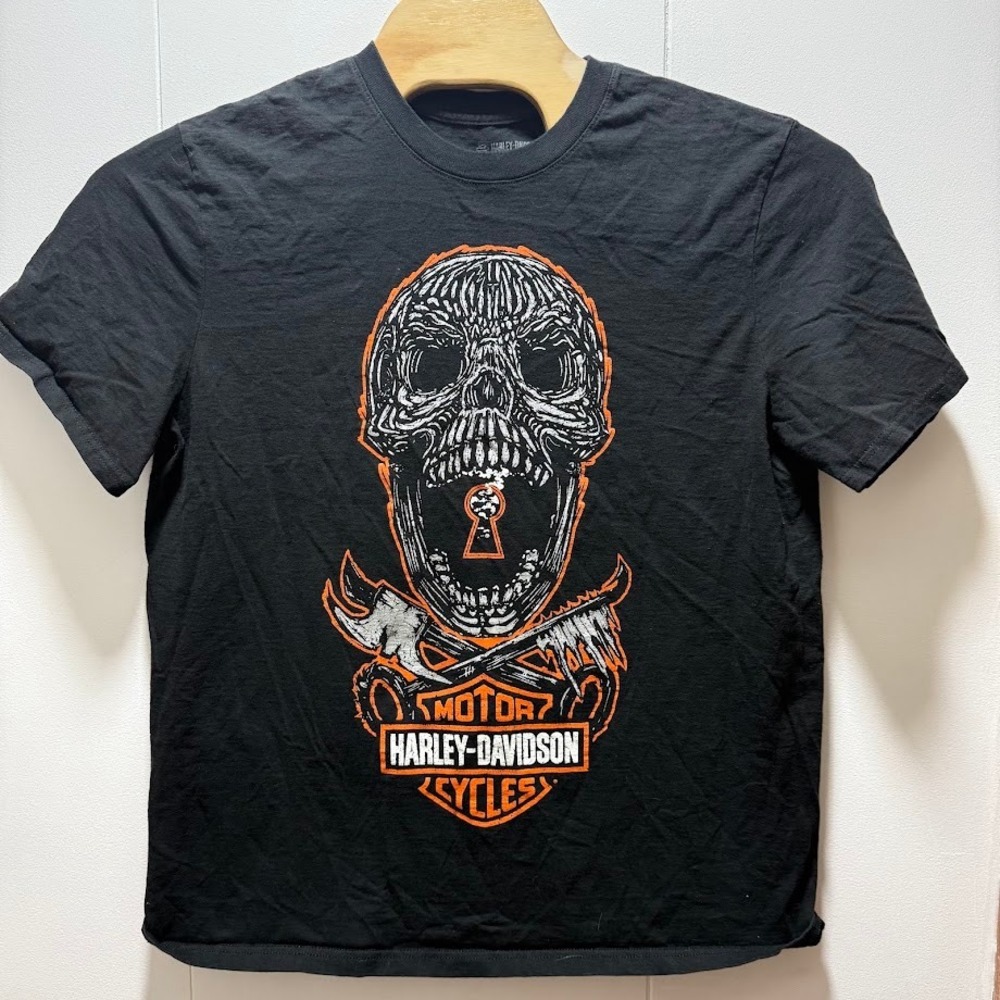 Harley-Davidson Tecumseh Michigan Skull Graphic T-Shirt Mens XL Black Orange